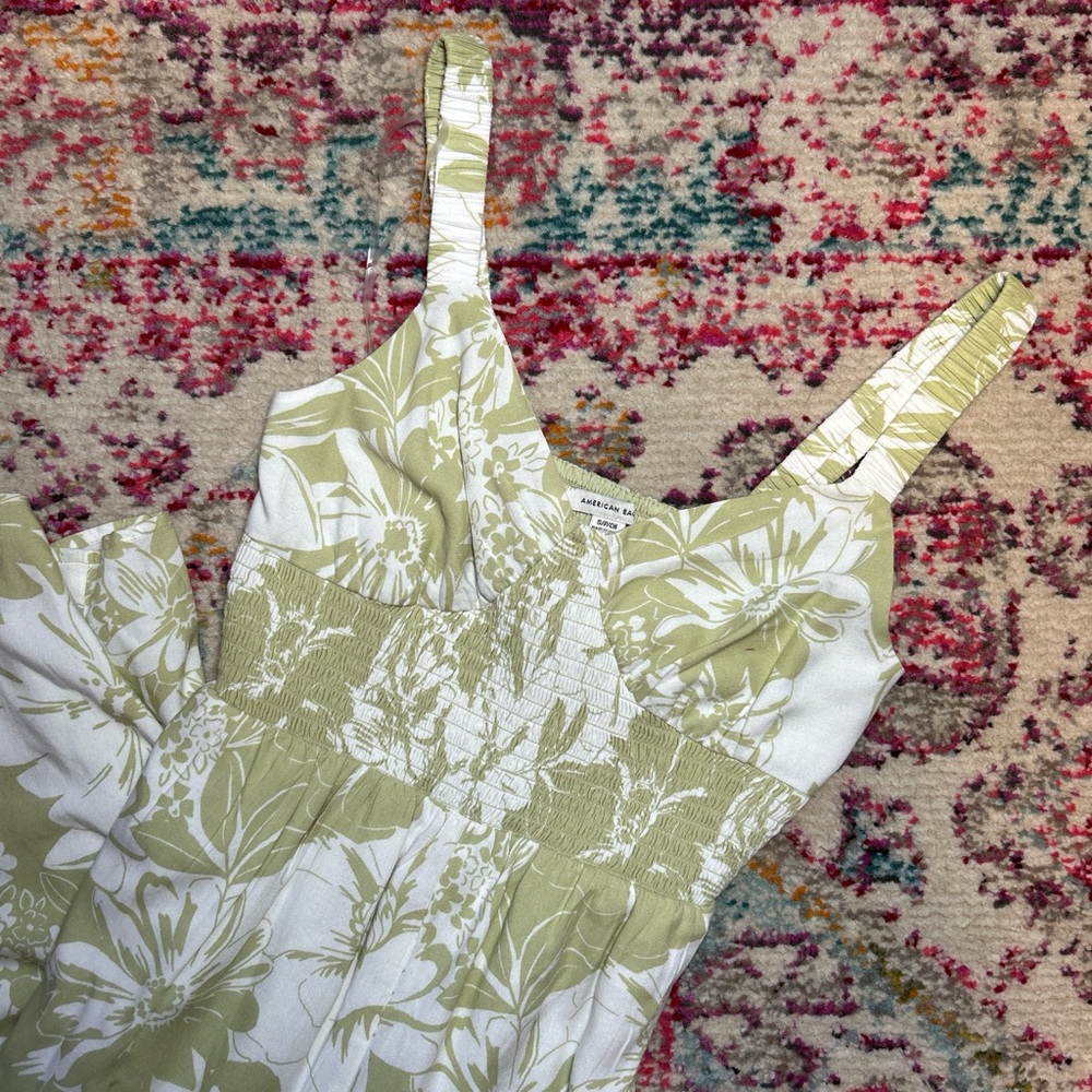 American Eagle Green & White Floral Jumpsuit